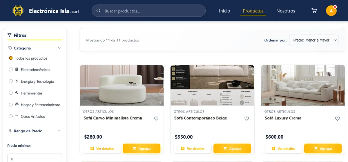 Catálogo de Electrónica Isla: buscador, filtros por categoría y precio, ordenación, fichas de producto con precio en dólares y botón de añadir al carrito.
