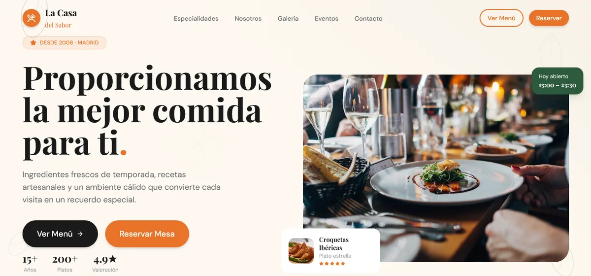 Portada de La Casa del Sabor: titular "Proporcionamos la mejor comida para ti", botones de ver menú y reservar mesa, horario de hoy y una mesa servida en un ambiente cálido.